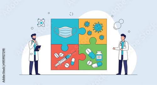 Two doctors standing beside a large four piece puzzle containing medical icons like a face mask virus cells syringe and pills.
