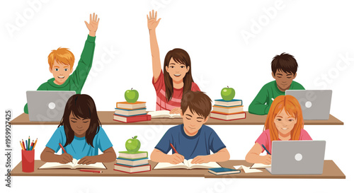 Diverse group of students sitting at their desks in a classroom using laptops and raising their hands to answer a question.