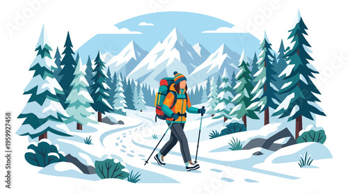 Winter hiker with backpack and poles on snowy path.
