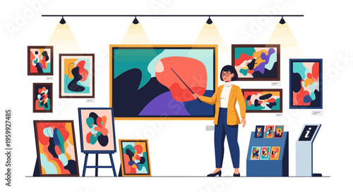 Woman admiring abstract art in gallery.