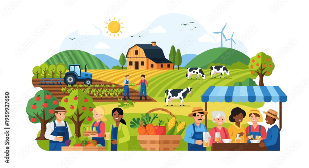 Naklejka premium Lively Farm and Farmers Market Scene: Sustainable Agriculture, Fresh Produce, Happy Farmers, and Diverse Community