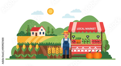 Farmer at Local Market Stall Selling Fresh Organic Produce on a Rural Farm Landscape Illustration