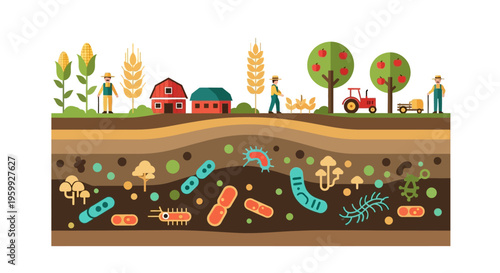 Soil Microbiome and Sustainable Agriculture. Farm Ecosystem with Crops, Farmers, and Underground Microorganisms Supporting Healthy Growth