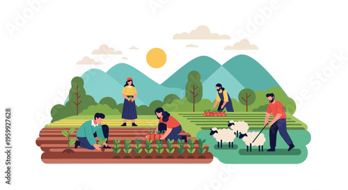 Diverse Farming Activities: People Planting, Harvesting Crops & Herding Sheep in a Sustainable Rural Landscape. Organic Agriculture Community Concept.