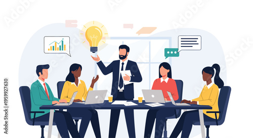 Creative business meeting where a professional team discusses a new idea represented by a glowing lightbulb held by the leader in a modern office room.