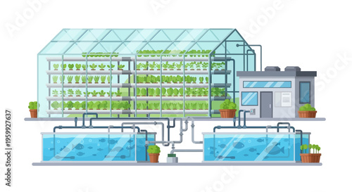 Aquaponics System Illustration: Sustainable Vertical Farm Greenhouse with Fish Tanks. Modern Eco-Friendly Agriculture.