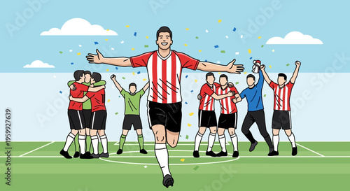 A joyful football team celebrating a championship victory on the field with confetti and a trophy.