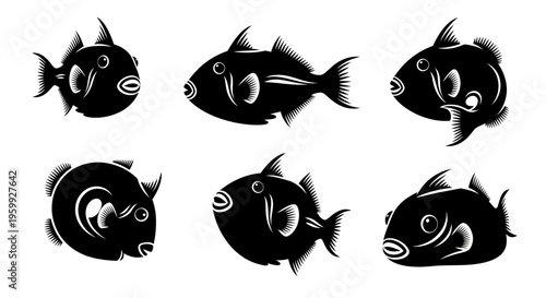 Set of six black silhouette triggerfish illustrations, isolated on white background