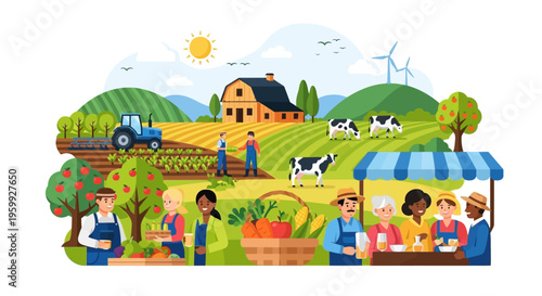 Lively Farm and Farmers Market Scene: Sustainable Agriculture, Fresh Produce, Happy Farmers, and Diverse Community