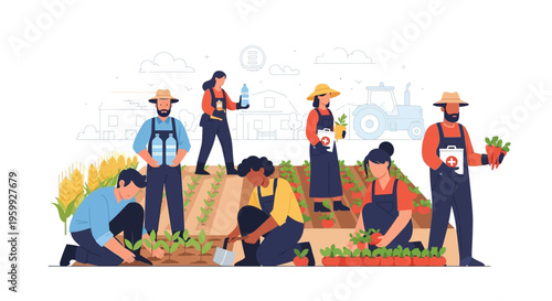 Diverse Farmers Cultivating & Harvesting Organic Crops. Teamwork in Agriculture, Sustainable Farming & Healthy Food Production Vector Illustration.