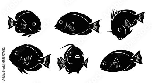 Set of Six Black Silhouette Tropical Fish Icons on White Background