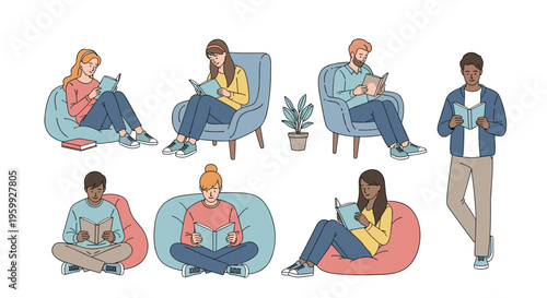 Collection of people sitting in various comfortable chairs and beanbags while deeply engrossed in reading books in a cozy and quiet indoor setting.