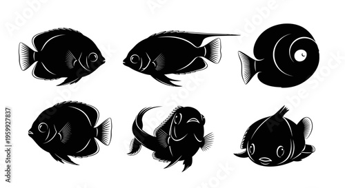 Set of Six Black Silhouettes of Diverse Tropical Fish