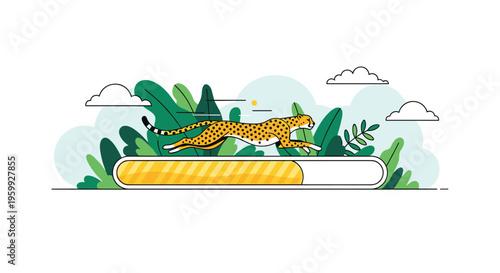 Fast cheetah running at full speed above a loading progress bar to symbolize high performance, rapid processing, and efficient system optimization.