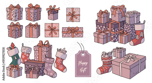 Large assortment of wrapped gift boxes with ribbons and decorative Christmas stockings in soft pink, purple, and green tones for holiday celebrations.