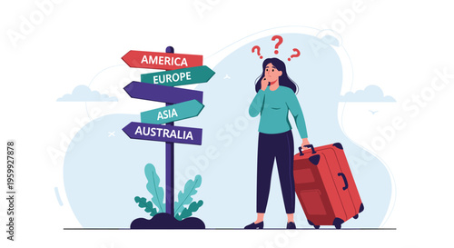 Confused woman traveler with a suitcase standing at a crossroad sign pointing to different continents like America, Europe, Asia, and Australia.