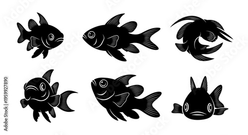 Set of Six Black Silhouettes of Diverse Fish Species on White Background