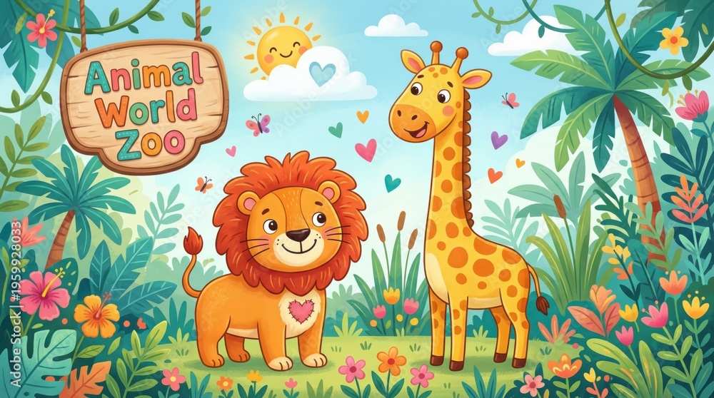 Obraz premium Animal World Zoo: A whimsical illustration of a lion and a giraffe in front of an Animal World Zoo sign, evoking a cheerful and playful atmosphere.