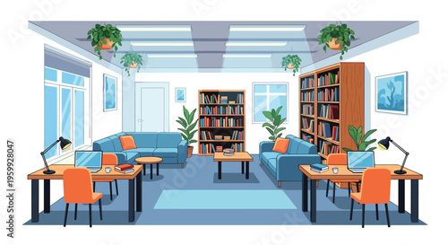 Modern coworking space or library interior with bookshelves, comfortable blue sofas, desks with laptops, and potted plants under bright ceiling lights.