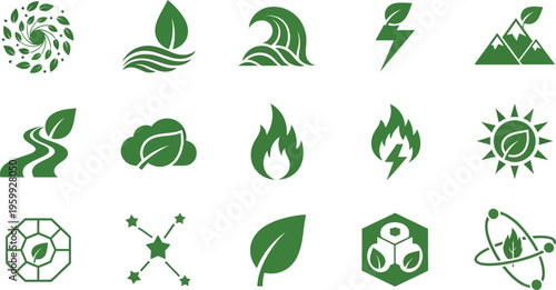 Modern technology icons feature eco-friendly concepts including a drone, satellite communication, and circuit board.