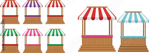 Market Stall Booth Vector Set with Street Shop Kiosks, Striped Canopy Stands and Outdoor Retail Vendor Illustration Collection