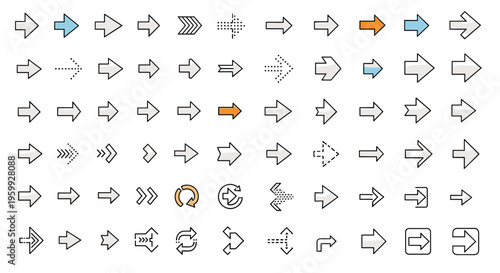 Comprehensive collection of various arrow icons in different styles like solid, outlined, dashed, and colorful pointing in various directions for ui design.