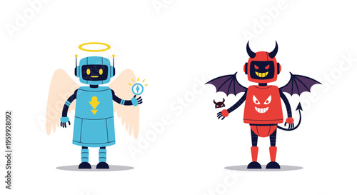 Two contrasting robots representing good and evil with one as a blue angel with a halo and the other as a red devil with horns and wings.