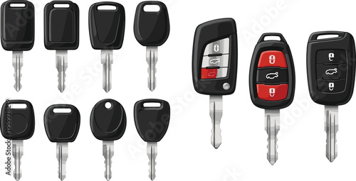Car Key Collection Vector Set with Different Vehicle Remote Fobs, Ignition Keys and Automotive Security Device Illustration