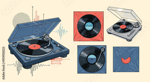 Set of classic vinyl record players and individual records in colorful sleeves with sound wave graphics for music lovers and vintage audio enthusiasts.