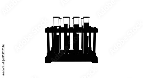 Silhouette of test tube rack with glass tubes on white background laboratory equipment for science experiments and chemical analysis in a dark setting