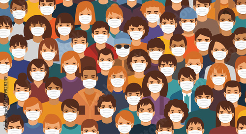 Detailed illustration of a dense crowd of diverse men and women all wearing protective face masks in a public space for health and safety.