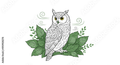 Beautiful white owl perched on a branch of green leaves with decorative wind swirls in a detailed hand drawn nature illustration style.