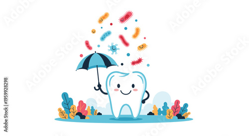 Cute tooth character holding a blue umbrella to protect itself from colorful germs and bacteria in an oral hygiene and dental care concept.