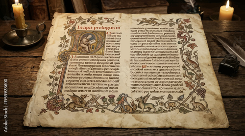 Ancient illuminated manuscript on wooden desk.