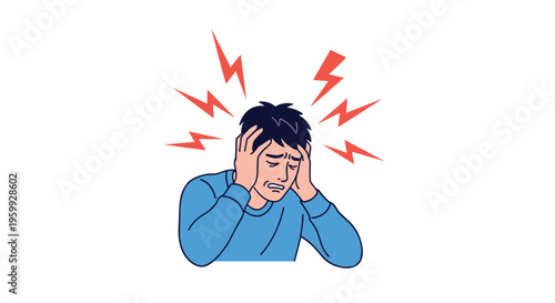 Man in a blue sweater holding his head in agony while red lightning bolts represent intense pain, stress, or a severe headache from mental pressure.