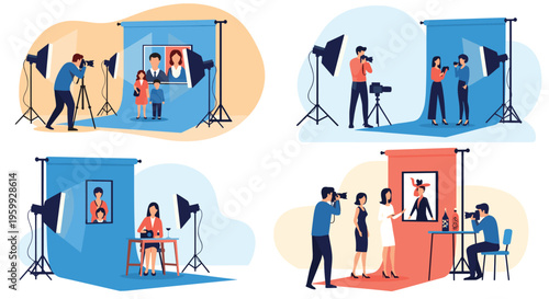 Professional photographers taking pictures of families and individuals in a studio with blue and pink backdrops and studio lighting equipment.
