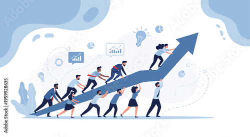Large group of business professionals working together to push a giant blue arrow upwards representing collective growth, team success, and progress.