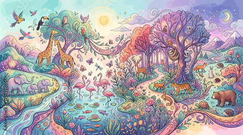 Vibrant illustration of diverse wildlife ecosystem.