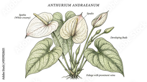 Anthurium andraeanum plant with labeled parts.