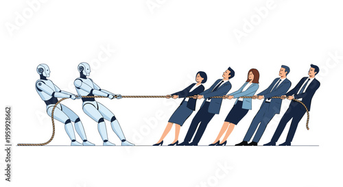 White robots and business professionals participate in a competitive tug of war game symbolizing AI vs human labor.