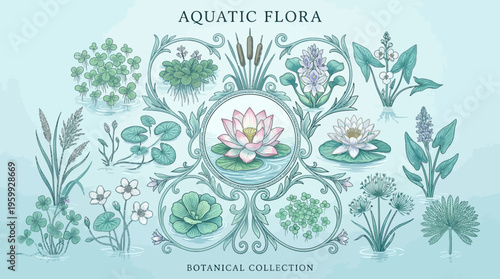 Aquatic plants and flowers illustration collection.