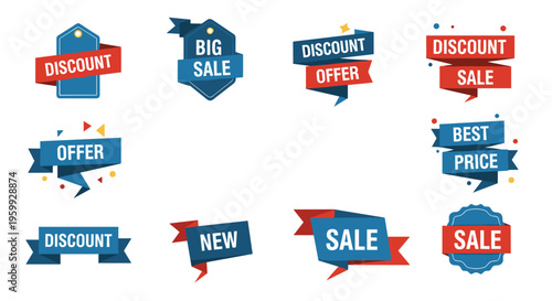 Collection of vibrant red and blue discount stickers and sale banners designed for retail promotions and marketing use.