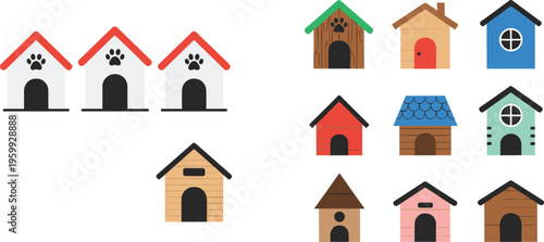 Dog House Icons Vector Set with Pet Kennels, Cute Animal Shelters, Different House Designs and Cartoon Style Collection