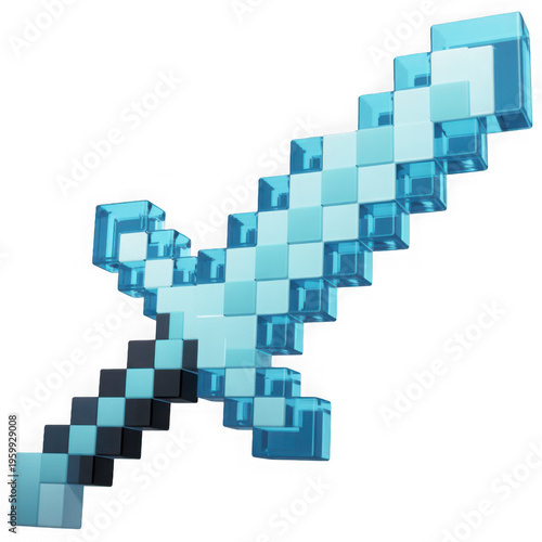 A shiny blue diamond sword rendered in a stylized pixelated blocky aesthetic for video games isolated on transparent background