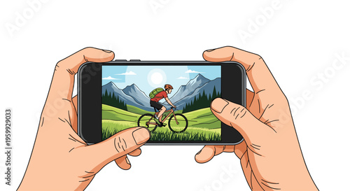 Hands hold a smartphone to take a picture of a mountain biker riding through a scenic valley with pine trees and peaks.