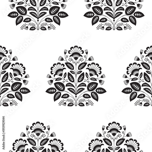Black and white floral seamless pattern featuring stylized botanical elements in a folk art style
