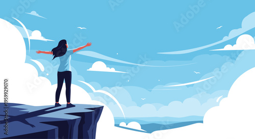 Young woman stands on the edge of a high cliff with arms outstretched overlooking a vast blue sky filled with clouds.