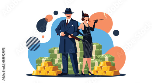 Vintage style gangsters standing in front of a massive pile of money stacks and gold bars in a prohibition era scene.