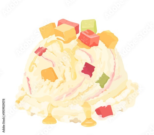 Tasty cartoon tutti frutti ice cream scoop with colorful candied fruits and honey drizzle. Vector hand drawn dessert icon illustration isolated on white background.	