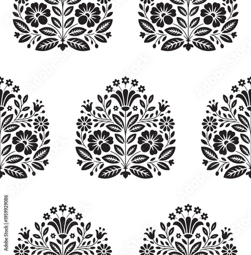 Seamless floral pattern featuring traditional block print style black botanical motifs on white